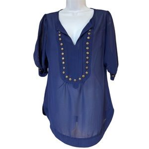 Sheer Navy Blouse w/ Gold Button Accents